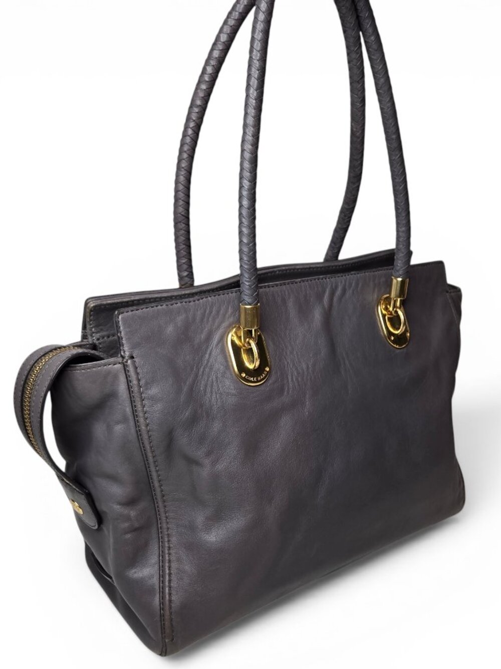 Cole Haan Benson Large Leather Tote Grey Braided Strap Gold Accents